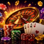 Close-up of casino gaming elements including poker chips, playing cards, and dice with a roulette wheel in the backgroun