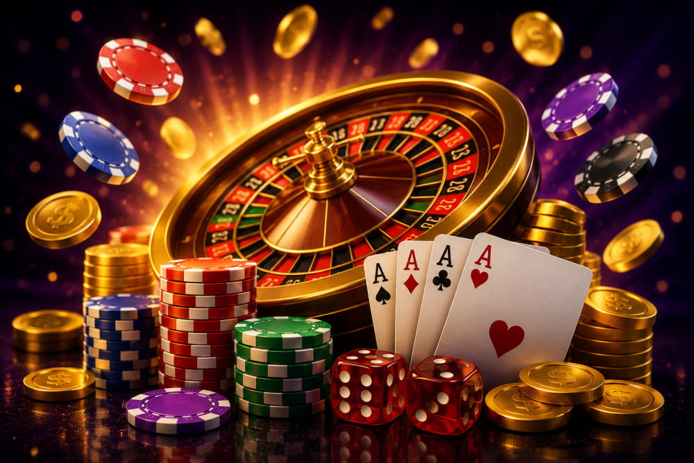 Close-up of casino gaming elements including poker chips, playing cards, and dice with a roulette wheel in the backgroun