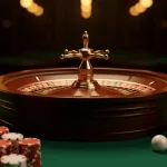 Close-up of a roulette wheel surrounded by chips on a casino table