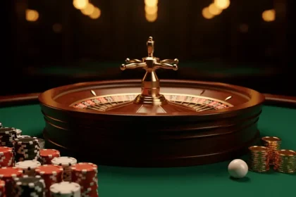 Close-up of a roulette wheel surrounded by chips on a casino table