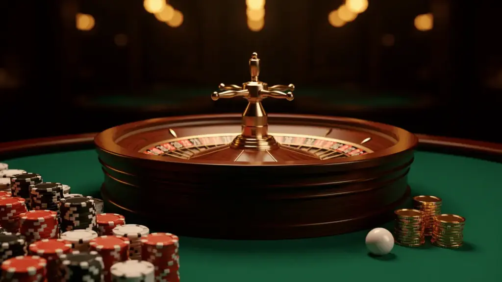 Close-up of a roulette wheel surrounded by chips on a casino table