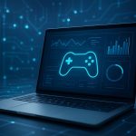 A laptop displaying a game controller graphic on a digital background