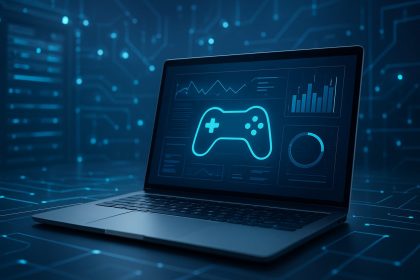 A laptop displaying a game controller graphic on a digital background