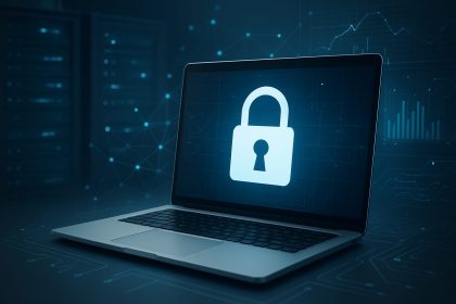 A laptop displaying a lock symbol against a technology-themed background